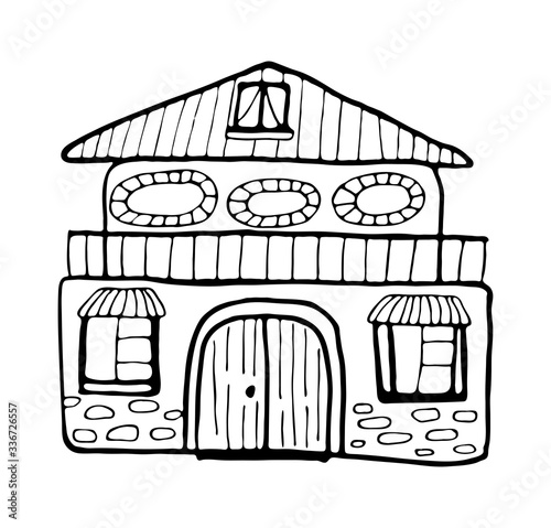 Hand drawn doodles cartoon house with cute modern windows. Black and white wooden bulding vector illustration.