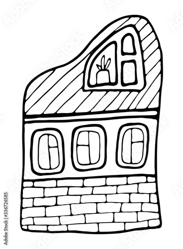 Hand drawn doodles cartoon house with cute windows. Black and white wooden bulding vector illustration.