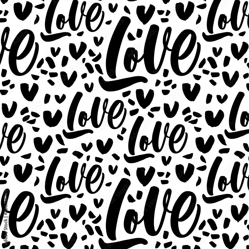 Black and white pattern with hand drawn hearts and word Love.Perfect design for posters, cards, textile, web pages.Valentine's day.
