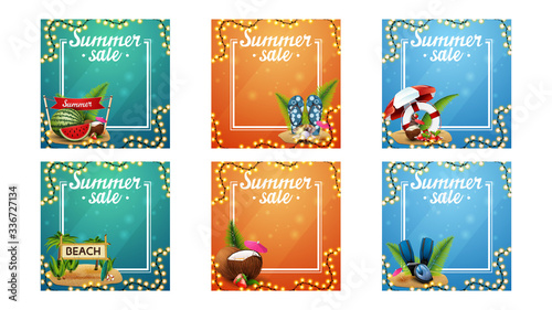 Summer sale, discount template for your business with line frame, garland and summer icons. Green, orange and blue collection of summer square blank discounts templates
