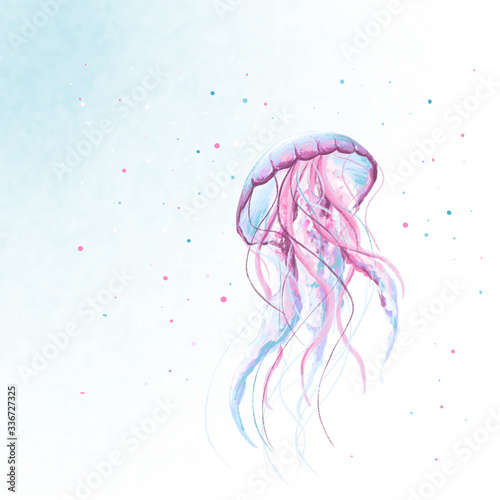 Cute good jellyfish pink, blue, purple colors, drawn in the style of cartoon on white background. Use in children's clothing, stickers, covers, kid's room, books, wallpapers