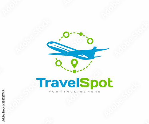 Travel vacation logo design. Airplane and destination route pin vector design. Trip around the world logotype