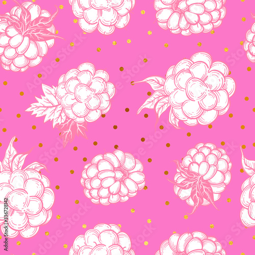 Sketch style vector eco food illustration. Hand drawn raspberry and blackberry seamless pattern on white background.