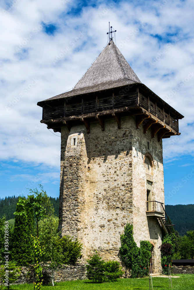 Tower of the Humor monastery. The orthodox monastery Humor. Suceava county, Romania.