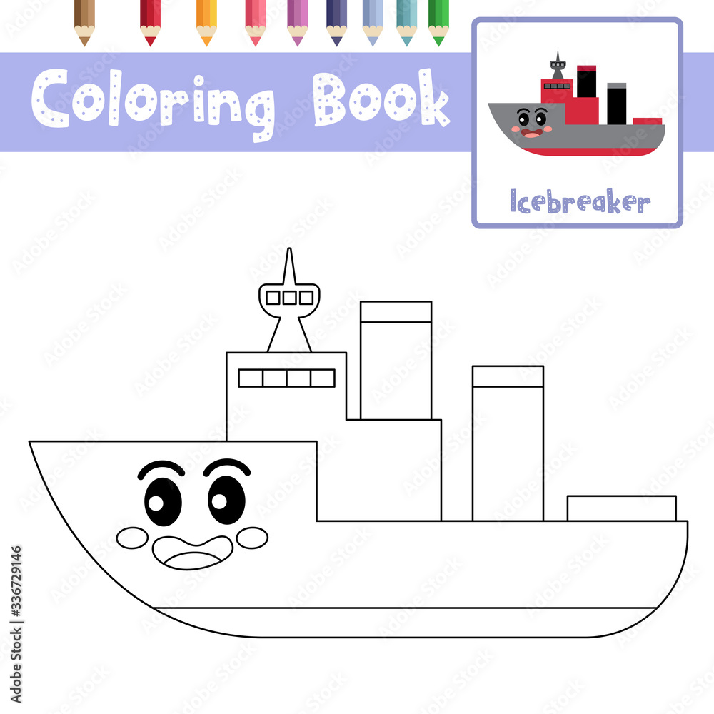 Coloring page Icebreaker cartoon character side view vector illustration