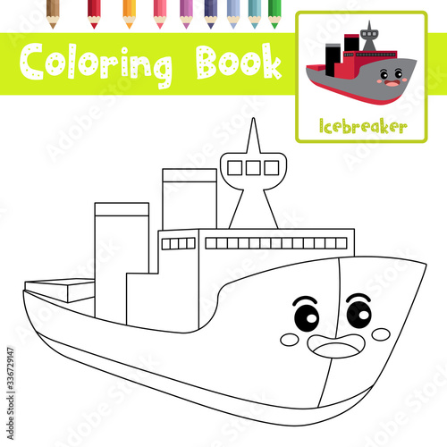 Coloring page Icebreaker cartoon character perspective view vector illustration