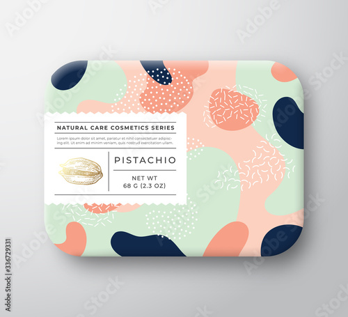 Nuts Bath Cosmetics Package Box. Vector Wrapped Paper Container with Care Label Cover. Packaging Design. Modern Typography and Hand Drawn Pistachio. Abstract Camo Background Pattern Layout.