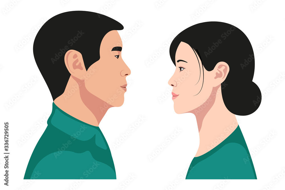 Asian man and woman profile portrait avatar set. Asian family couple. Vector illustration.