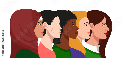European, African American, Muslim and Asian women together concept set. International women union. Interracial feminine group. Profile portrait avatar. Vector Illustration.