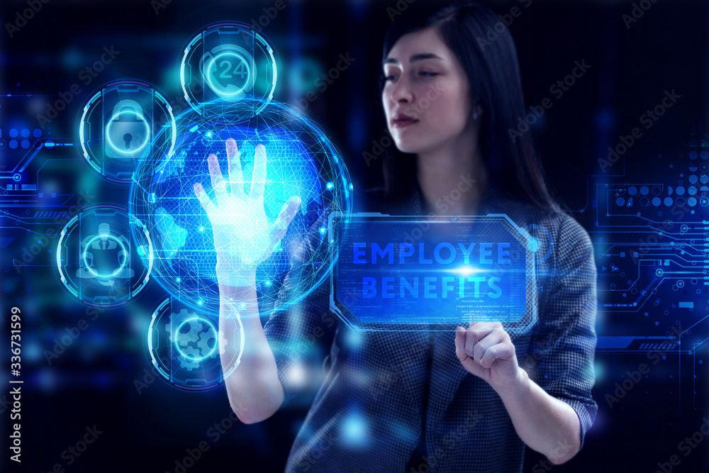 Business, Technology, Internet and network concept. Young businessman working on a virtual screen of the future and sees the inscription: Employee benefits Business, Technology, Internet and network concept. Young businessman working on a virtual screen of the future and sees the inscription: Employee benefits