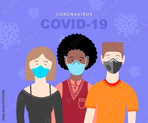 covid-19 coronavirus poster with three people in medical masks