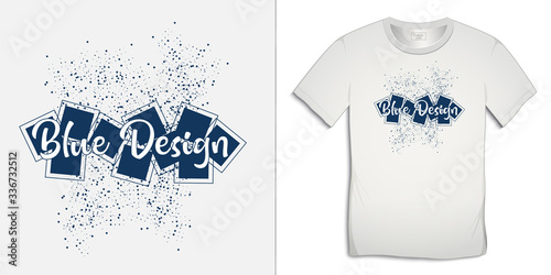 Print on t-shirt graphics design, blue spattered spray circles and squares, white background vector