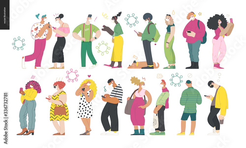 Waiting in line coronavirus - modern flat vector concept illustration of people standing in line wearing mask, talking to each other. Multicultural, multilingual people, coronavirus protection concept