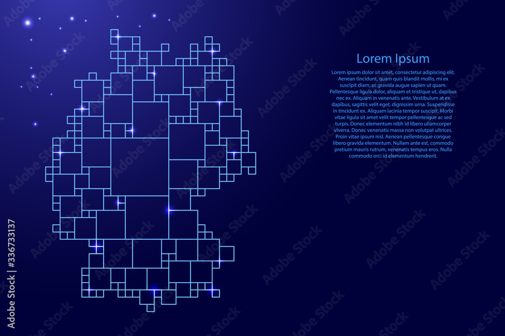 Germany map from blue pattern from a grid of squares of different sizes and glowing space stars. Vector illustration.