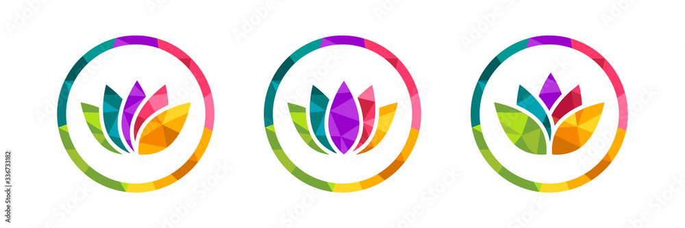 Lotus flower icon set made in colorful low poly design. Polygonal circle with many colors around it. Beautiful and abstract vector illustration isolated on white background.