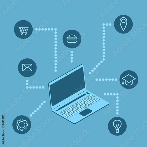 Laptop with remote work via the Internet. Sending emails, getting an education, shopping. Vector isometric illustration on a blue background.