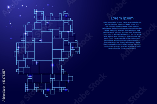 Germany map from blue pattern from a grid of squares of different sizes and glowing space stars. Vector illustration.