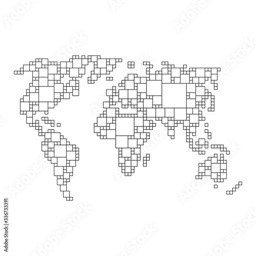 World map from black pattern from a grid of squares of different sizes . Vector illustration.