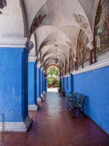 Corridor with blue painted walls at the Monastery of Santa Catalina at Arequipa, Peru © AventuraSur