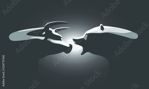 A vector illustration of two castings depicting a stylized bull opposing a bear in dramatic light representing  financial market trends on an dark background