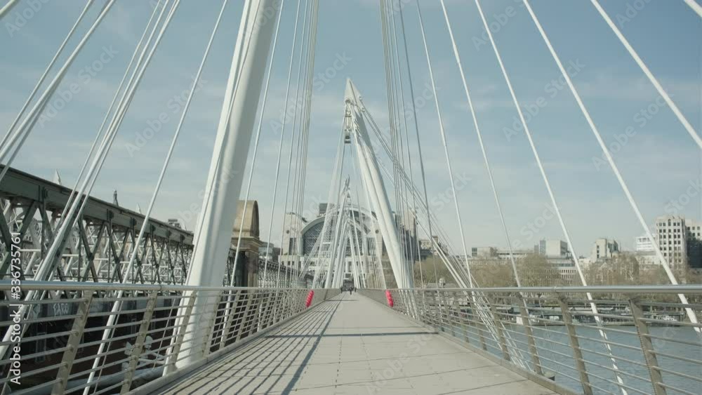 Lockdown London, Empty Hungerford Bridge, Golden Jubilee Bridges and River Thames during coronavirus pandemic, no people Lockdown London, Empty Hungerford Bridge, Golden Jubilee Bridges and River Thames during coronavirus pandemic, no people