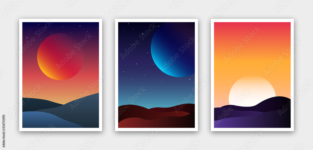 Obraz premium Set of vector abstract gradient illustrations, backgrounds for the cover of magazines about dreams, future, design and space, fancy, crazy posters