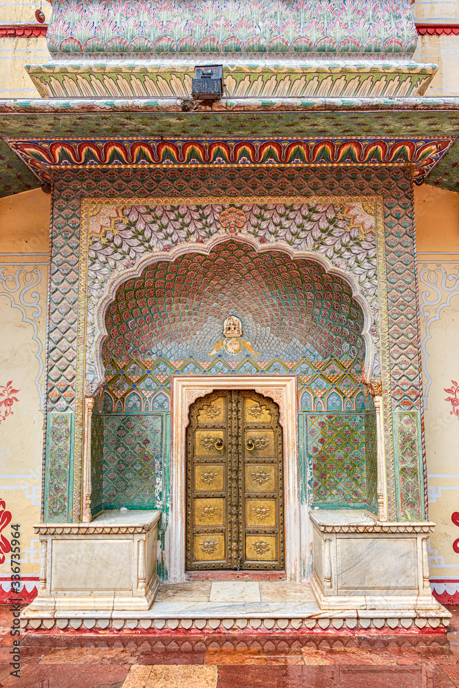 Beautifully decorated Rose Gate at the Pritam Niwas Chowk of the Jaipur City Palace in Jaipur, Rajasthan, India
