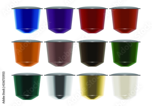 A vector illustration of a collection of colorful instant espresso coffee capsules sealed with foil