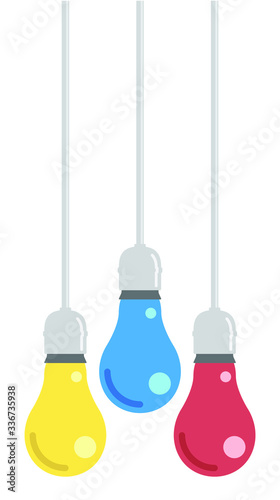 A vector illustration of regular hanging light bulbs attached to cables in the colors of coral, blue and yellow