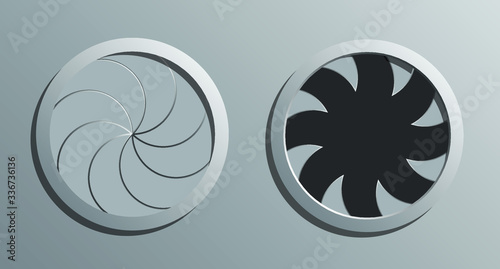 A vector illustration of a futuristic round mechanical portal with a sphincter type mechanism open and shut photo