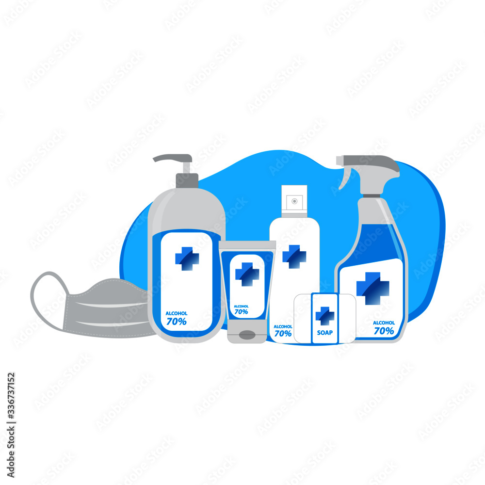 illustration - set of alcohol 70% bottles and face mask.antibacterial corona virus. illustration - set of alcohol 70% bottles and face mask.antibacterial corona virus.