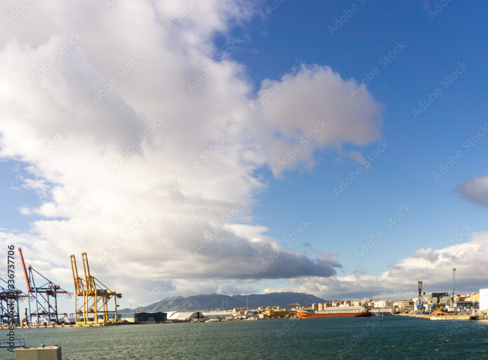 ship, port, sea, cargo, harbor, crane, industry, water, industrial, sky, shipping, transportation, dock, boat, container, transport, harbour, panorama, freight, vessel, city, loading, business, blue, 