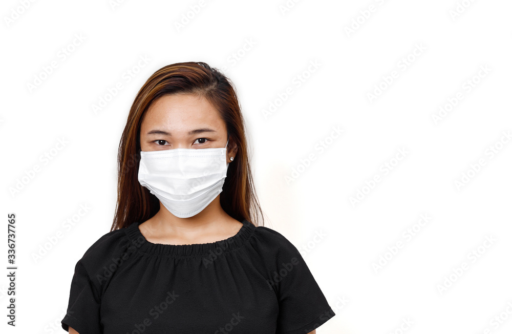 Asian lady wearing face mask for protection against coronavirus in white background with space for text. For promotion space advertisement.