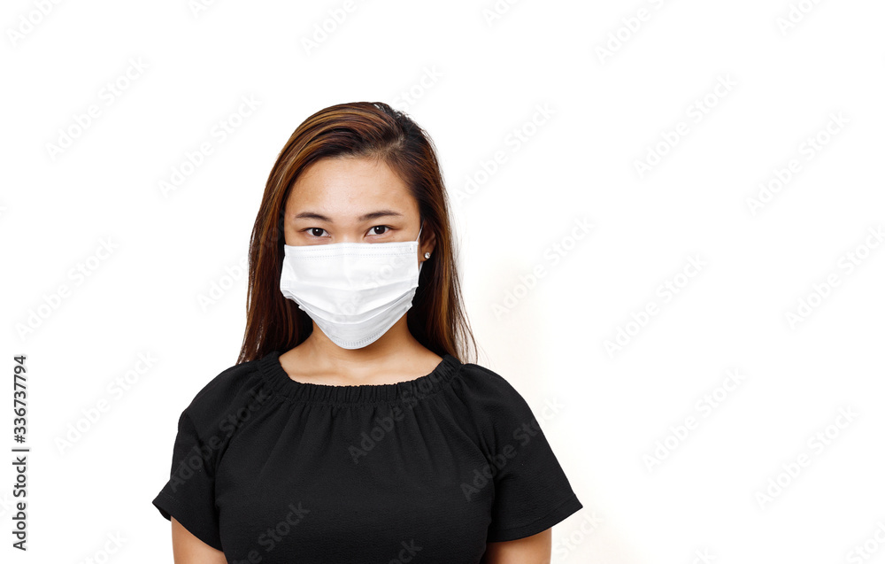 Asian lady wearing face mask for protection against coronavirus in white background with space for text. For promotion space advertisement. Asian lady wearing face mask for protection against coronavirus in white background with space for text. For promotion space advertisement.