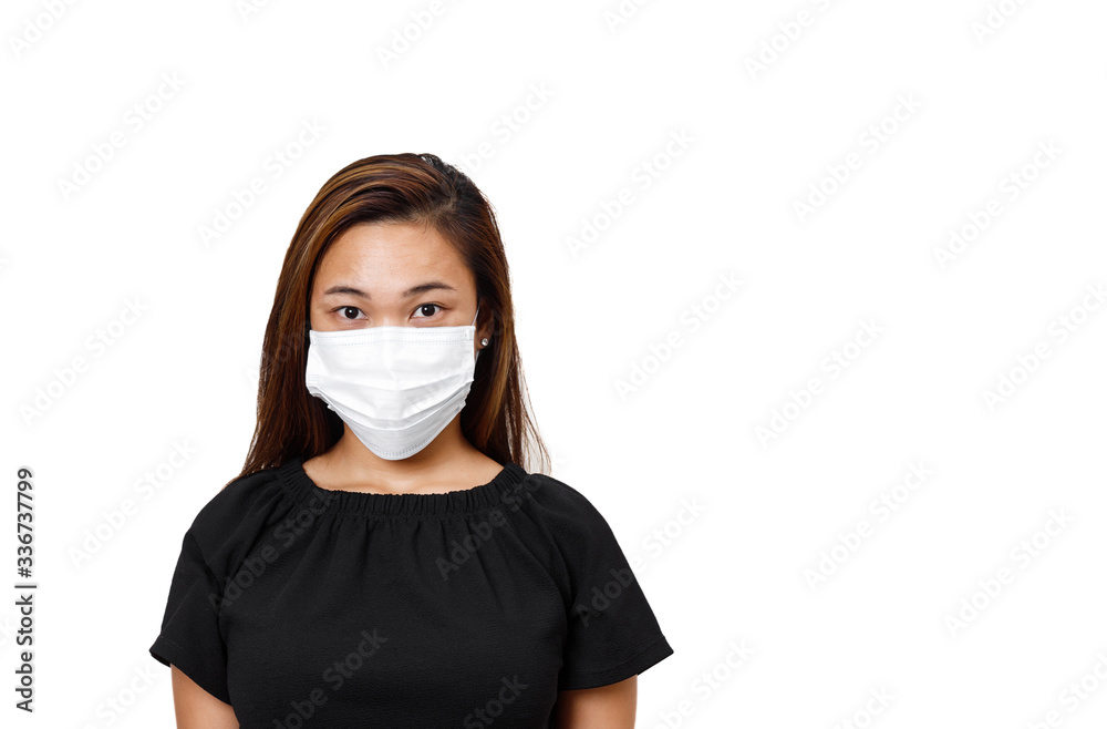 Asian woman wearing face mask for protection against coronavirus in white background with space for text. For promotion space advertisement. Asian woman wearing face mask for protection against coronavirus in white background with space for text. For promotion space advertisement.