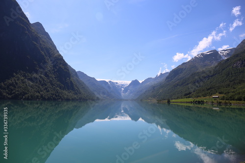 Beautiful Norwegian glacier lake in summer