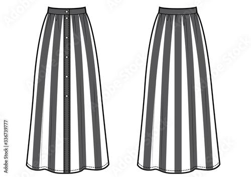 striped maxi skirt with buttons sketch. Buttons on front.