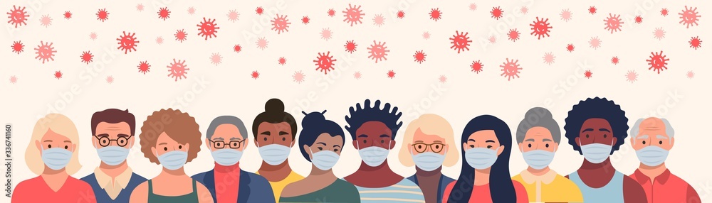 Group of people in protective masks and flying coronavirus in flat style. Men and women wearing medical masks to prevent disease, flu, quarantine concept.