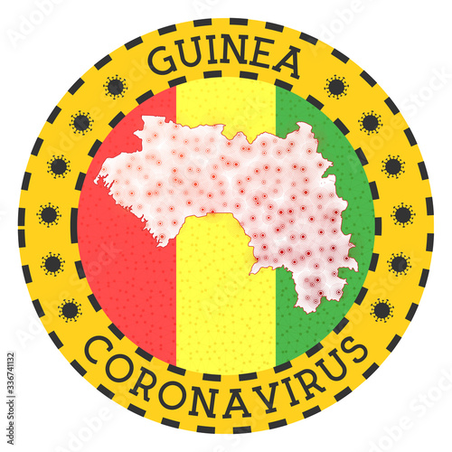 Coronavirus in Guinea sign. Round badge with shape of Guinea. Yellow country lockdown emblem with title and virus signs. Vector illustration.