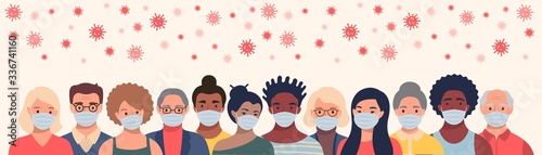 Group of people in protective masks and flying coronavirus in flat style. Men and women wearing medical masks to prevent disease, flu, quarantine concept.