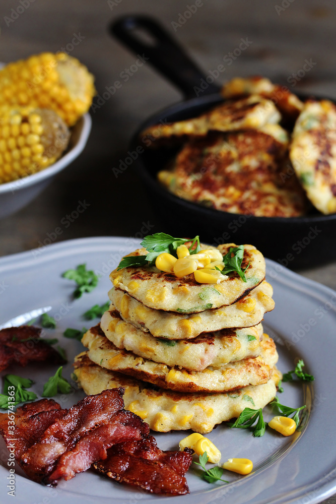 corn fritters and Bacon. pancakes with corn. dish with corn. corn fritters and Bacon. pancakes with corn. dish with corn.