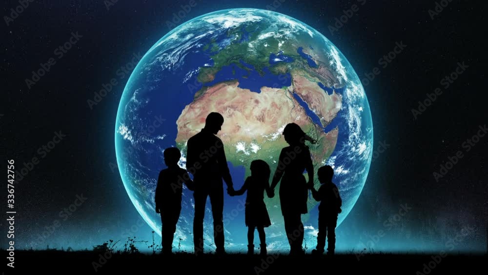 Silhouette of a Family Standing on the Background of a huge Planet. Silhouette of a Family Standing on the Background of a huge Planet.