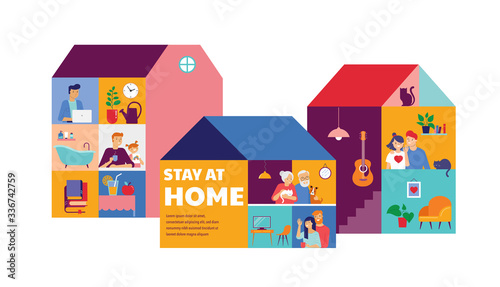 Stay at home, concept design. House facade with different types of people looking out and communicating with their neighbors. Self isolation, quarantine during coronavirus outbreak. Vector flat style