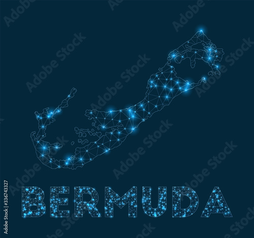 Bermuda network map. Abstract geometric map of the island. Internet connections and telecommunication design. Radiant vector illustration.