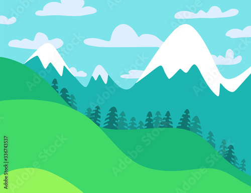Summer Landscape Mountain Forest with coloudy Sky and fir Woods. Hiking Panorama. Flat Vector Illustration in hand drawn style