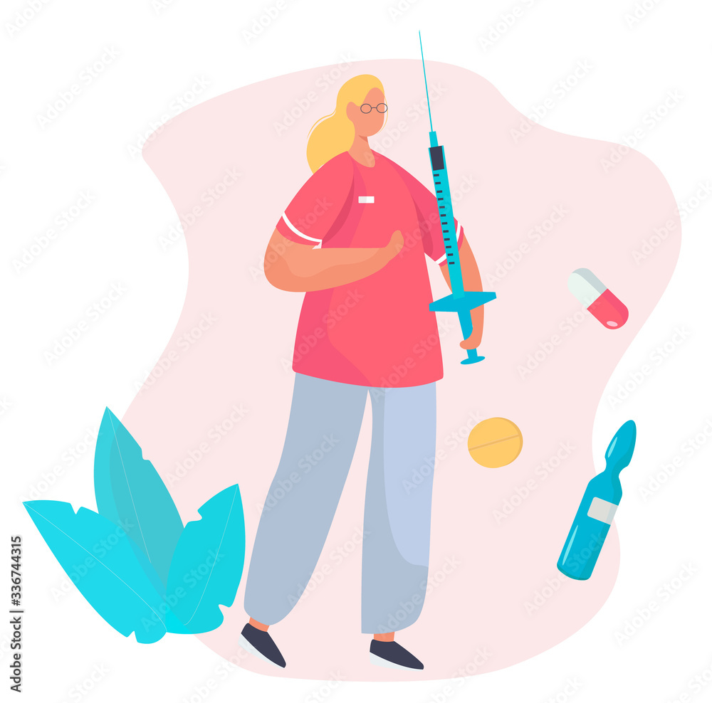 Fototapeta premium Doctor is Holding Syringe.Female Nurse in Medical Pink Gown is Holding injection in the hospital. Medical Aid.Social Worker Care.Pink background with Plants, Capsules and Pills.Vector Illustration
