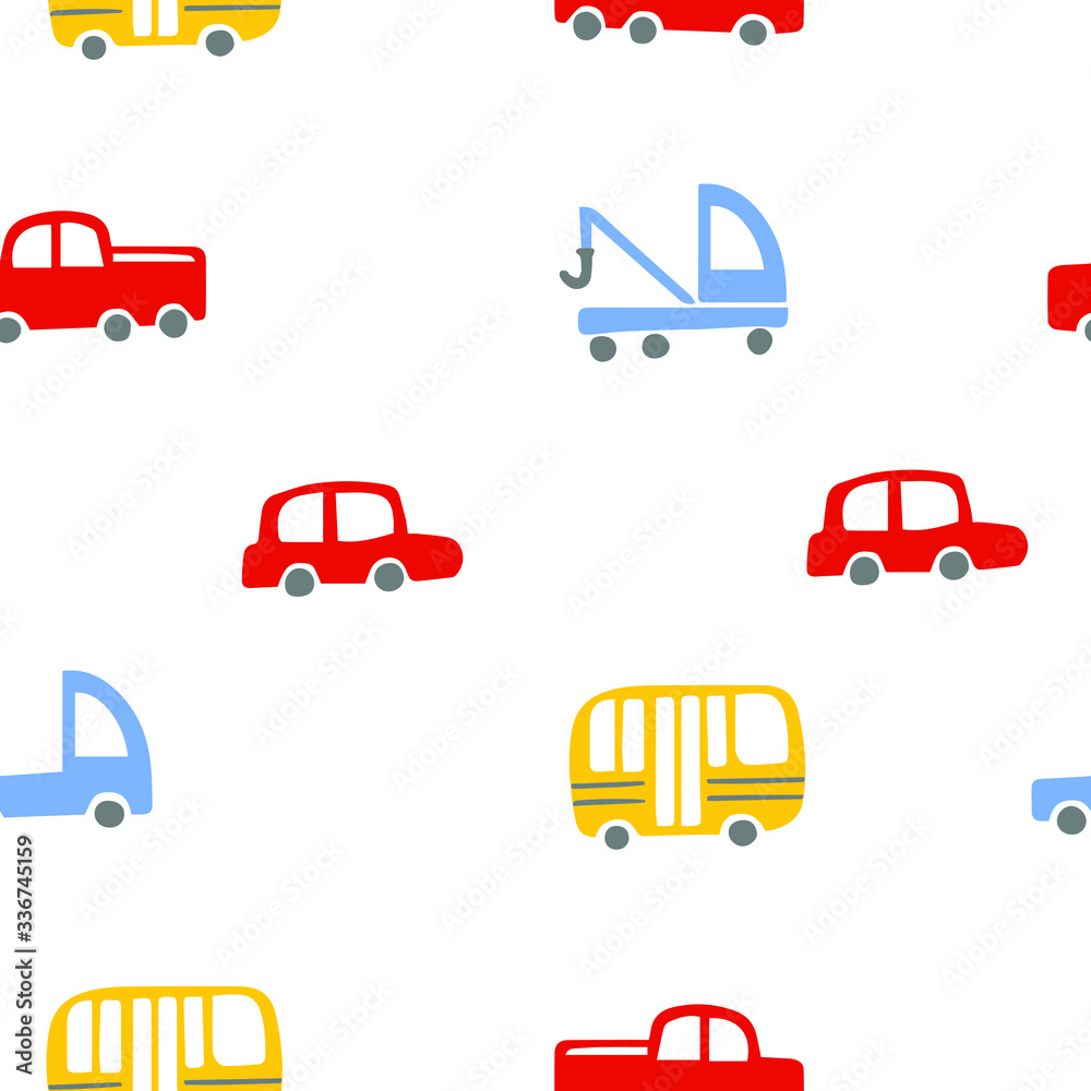 Seamless pattern with different cute cars. White background. Perfect for kids fabric, textile, nursery wallpaper. Vector illustration. Flat style. Seamless pattern with different cute cars. White background. Perfect for kids fabric, textile, nursery wallpaper. Vector illustration. Flat style.