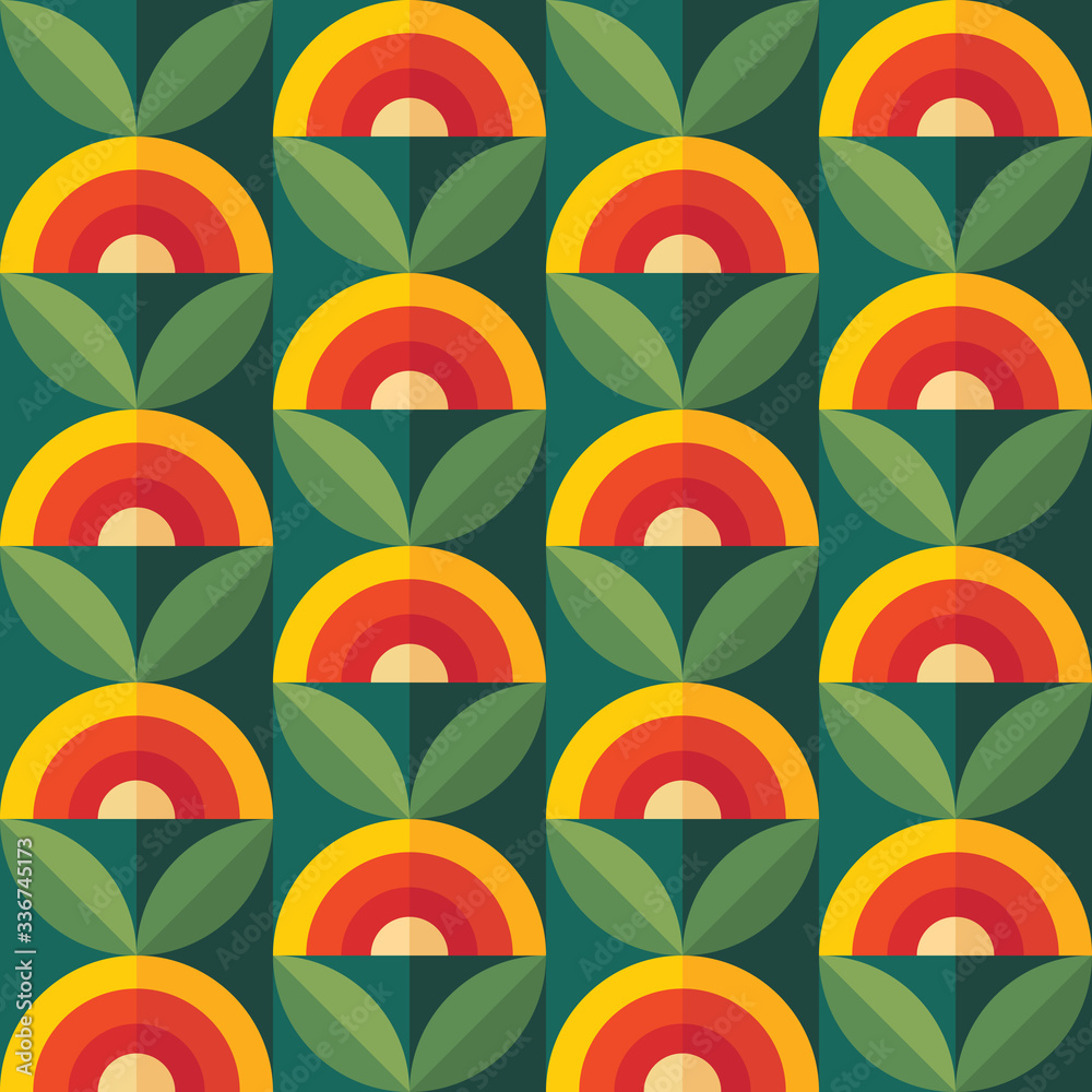 Fruits and leaves nature background. Mid-century modern art vector. Abstract geometric seamless pattern. Decorative ornament in retro vintage design flat style. Floral backdrop. - obrazy, fototapety, plakaty 