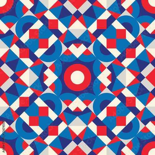 Abstract geometric background. Seamless pattern design. Blue and red colors. Mosaic decorative structure. Vector illustration. 