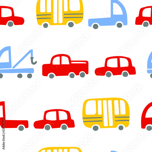 Seamless pattern with different cute cars. White background. Perfect for kids fabric, textile, nursery wallpaper. Vector illustration. Flat style.